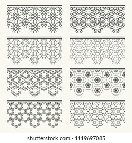 Set of black seamless borders, line patterns. Tribal ethnic arabic, indian decorative ornaments, fashion lace collection. Isolated design elements for headline, banners, wedding invitation cards