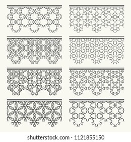 Set of black seamless borders, line patterns. Tribal ethnic arabic, indian decorative ornaments, fashion lace collection. Isolated design elements for headline, banners, wedding invitation cards