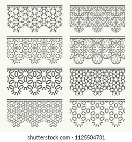 Set of black seamless borders, line patterns. Tribal ethnic arabic, indian decorative ornaments, fashion lace collection. Isolated design elements for headline, banners, wedding invitation cards