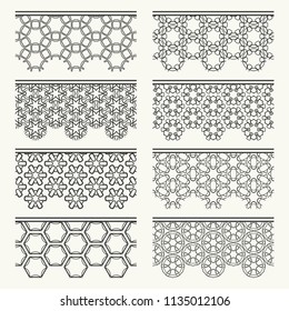 Set of black seamless borders, line patterns. Tribal ethnic arabic, indian decorative ornaments, fashion lace collection. Isolated design elements for headline, banners, wedding invitation cards