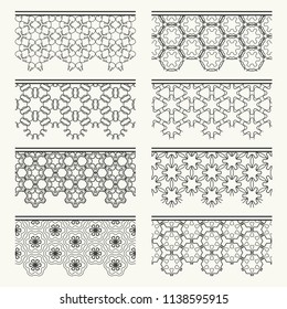 Set of black seamless borders, line patterns. Tribal ethnic arabic, indian decorative ornaments, fashion lace collection. Isolated design elements for headline, banners, wedding invitation cards