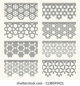 Set of black seamless borders, line patterns. Tribal ethnic arabic, indian decorative ornaments, fashion lace collection. Isolated design elements for headline, banners, wedding invitation cards