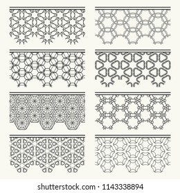 Set of black seamless borders, line patterns. Tribal ethnic arabic, indian decorative ornaments, fashion lace collection. Isolated design elements for headline, banners, wedding invitation cards