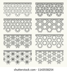 Set of black seamless borders, line patterns. Tribal ethnic arabic, indian decorative ornaments, fashion lace collection. Isolated design elements for headline, banners, wedding invitation cards
