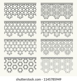 Set of black seamless borders, line patterns. Tribal ethnic arabic, indian decorative ornaments, fashion lace collection. Isolated design elements for headline, banners, wedding invitation cards