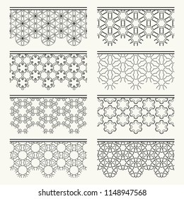 Set of black seamless borders, line patterns. Tribal ethnic arabic, indian decorative ornaments, fashion lace collection. Isolated design elements for headline, banners, wedding invitation cards