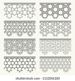 Set of black seamless borders, line patterns. Tribal ethnic arabic, indian decorative ornaments, fashion lace collection. Isolated design elements for headline, banners, wedding invitation cards