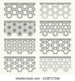 Set of black seamless borders, line patterns. Tribal ethnic arabic, indian decorative ornaments, fashion lace collection. Isolated design elements for headline, banners, wedding invitation cards