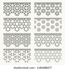 Set of black seamless borders, line patterns. Tribal ethnic arabic, indian decorative ornaments, fashion lace collection. Isolated design elements for headline, banners, wedding invitation cards
