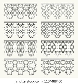 Set of black seamless borders, line patterns. Tribal ethnic arabic, indian decorative ornaments, fashion lace collection. Isolated design elements for headline, banners, wedding invitation cards