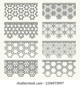 Set of black seamless borders, line patterns. Tribal ethnic arabic, indian decorative ornaments, fashion lace collection. Isolated design elements for headline, banners, wedding invitation cards