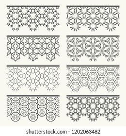 Set of black seamless borders, line patterns. Tribal ethnic arabic, indian decorative ornaments, fashion lace collection. Isolated design elements for headline, banners, wedding invitation cards