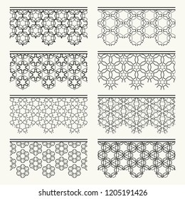 Set of black seamless borders, line patterns. Tribal ethnic arabic, indian decorative ornaments, fashion lace collection. Isolated design elements for headline, banners, wedding invitation cards