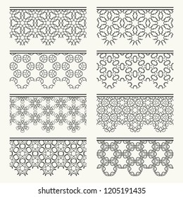 Set of black seamless borders, line patterns. Tribal ethnic arabic, indian decorative ornaments, fashion lace collection. Isolated design elements for headline, banners, wedding invitation cards