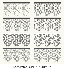Set of black seamless borders, line patterns. Tribal ethnic arabic, indian decorative ornaments, fashion lace collection. Isolated design elements for headline, banners, wedding invitation cards