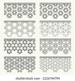 Set of black seamless borders, line patterns. Tribal ethnic arabic, indian decorative ornaments, fashion lace collection. Isolated design elements for headline, banners, wedding invitation cards
