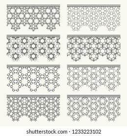 Set of black seamless borders, line patterns. Tribal ethnic arabic, indian decorative ornaments, fashion lace collection. Isolated design elements for headline, banners, wedding invitation cards