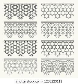 Set of black seamless borders, line patterns. Tribal ethnic arabic, indian decorative ornaments, fashion lace collection. Isolated design elements for headline, banners, wedding invitation cards