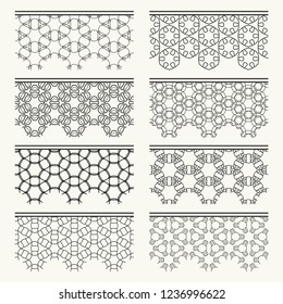 Set of black seamless borders, line patterns. Tribal ethnic arabic, indian decorative ornaments, fashion lace collection. Isolated design elements for headline, banners, wedding invitation cards