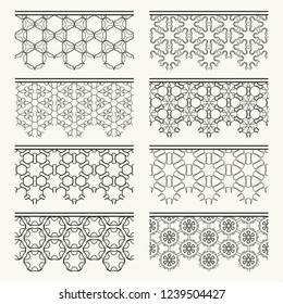 Set of black seamless borders, line patterns. Tribal ethnic arabic, indian decorative ornaments, fashion lace collection. Isolated design elements for headline, banners, wedding invitation cards