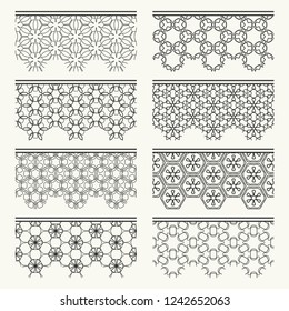 Set of black seamless borders, line patterns. Tribal ethnic arabic, indian decorative ornaments, fashion lace collection. Isolated design elements for headline, banners, wedding invitation cards