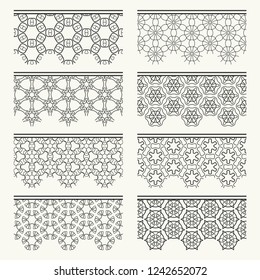 Set of black seamless borders, line patterns. Tribal ethnic arabic, indian decorative ornaments, fashion lace collection. Isolated design elements for headline, banners, wedding invitation cards