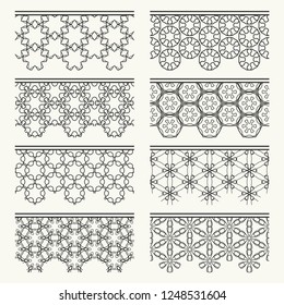 Set of black seamless borders, line patterns. Tribal ethnic arabic, indian decorative ornaments, fashion lace collection. Isolated design elements for headline, banners, wedding invitation cards