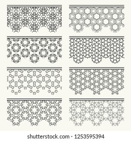 Set of black seamless borders, line patterns. Tribal ethnic arabic, indian decorative ornaments, fashion lace collection. Isolated design elements for headline, banners, wedding invitation cards