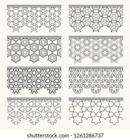 Set of black seamless borders, line patterns. Tribal ethnic arabic, indian decorative ornaments, fashion lace collection. Isolated design elements for headline, banners, wedding invitation cards