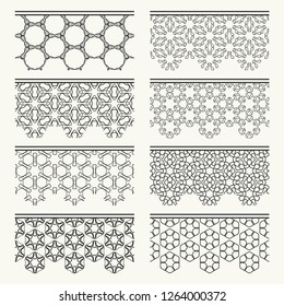 Set of black seamless borders, line patterns. Tribal ethnic arabic, indian decorative ornaments, fashion lace collection. Isolated design elements for headline, banners, wedding invitation cards