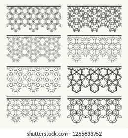 Set of black seamless borders, line patterns. Tribal ethnic arabic, indian decorative ornaments, fashion lace collection. Isolated design elements for headline, banners, wedding invitation cards