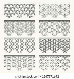 Set of black seamless borders, line patterns. Tribal ethnic arabic, indian decorative ornaments, fashion lace collection. Isolated design elements for headline, banners, wedding invitation cards