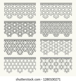 Set of black seamless borders, line patterns. Tribal ethnic arabic, indian decorative ornaments, fashion lace collection. Isolated design elements for headline, banners, wedding invitation cards