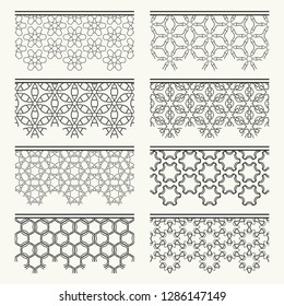 Set of black seamless borders, line patterns. Tribal ethnic arabic, indian decorative ornaments, fashion lace collection. Isolated design elements for headline, banners, wedding invitation cards