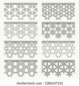 Set of black seamless borders, line patterns. Tribal ethnic arabic, indian decorative ornaments, fashion lace collection. Isolated design elements for headline, banners, wedding invitation cards