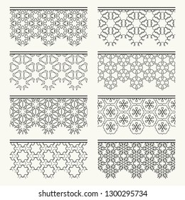 Set of black seamless borders, line patterns. Tribal ethnic arabic, indian decorative ornaments, fashion lace collection. Isolated design elements for headline, banners, wedding invitation cards
