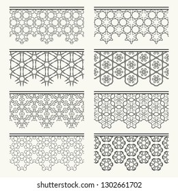 Set of black seamless borders, line patterns. Tribal ethnic arabic, indian decorative ornaments, fashion lace collection. Isolated design elements for headline, banners, wedding invitation cards