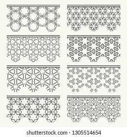 Set of black seamless borders, line patterns. Tribal ethnic arabic, indian decorative ornaments, fashion lace collection. Isolated design elements for headline, banners, wedding invitation cards