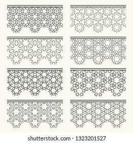 Set of black seamless borders, line patterns. Tribal ethnic arabic, indian decorative ornaments, fashion lace collection. Isolated design elements for headline, banners, wedding invitation cards