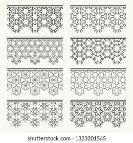 Set of black seamless borders, line patterns. Tribal ethnic arabic, indian decorative ornaments, fashion lace collection. Isolated design elements for headline, banners, wedding invitation cards