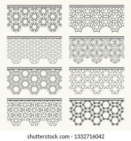 Set of black seamless borders, line patterns. Tribal ethnic arabic, indian decorative ornaments, fashion lace collection. Isolated design elements for headline, banners, wedding invitation cards