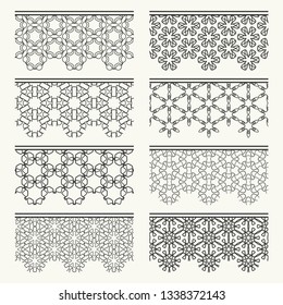Set of black seamless borders, line patterns. Tribal ethnic arabic, indian decorative ornaments, fashion lace collection. Isolated design elements for headline, banners, wedding invitation cards