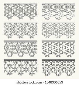 Set of black seamless borders, line patterns. Tribal ethnic arabic, indian decorative ornaments, fashion lace collection. Isolated design elements for headline, banners, wedding invitation cards