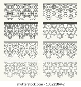 Set of black seamless borders, line patterns. Tribal ethnic arabic, indian decorative ornaments, fashion lace collection. Isolated design elements for headline, banners, wedding invitation cards