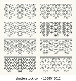 Set of black seamless borders, line patterns. Tribal ethnic arabic, indian decorative ornaments, fashion lace collection. Isolated design elements for headline, banners, wedding invitation cards