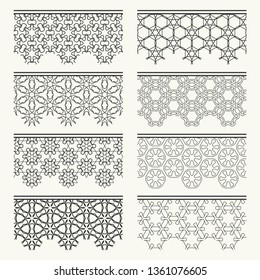Set of black seamless borders, line patterns. Tribal ethnic arabic, indian decorative ornaments, fashion lace collection. Isolated design elements for headline, banners, wedding invitation cards