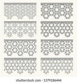 Set of black seamless borders, line patterns. Tribal ethnic arabic, indian decorative ornaments, fashion lace collection. Isolated design elements for headline, banners, wedding invitation cards