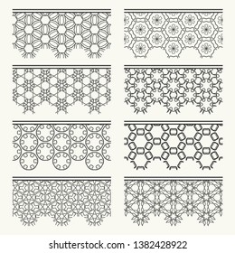Set of black seamless borders, line patterns. Tribal ethnic arabic, indian decorative ornaments, fashion lace collection. Isolated design elements for headline, banners, wedding invitation cards