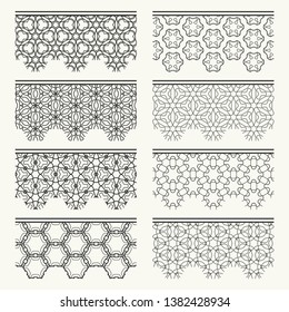 Set of black seamless borders, line patterns. Tribal ethnic arabic, indian decorative ornaments, fashion lace collection. Isolated design elements for headline, banners, wedding invitation cards