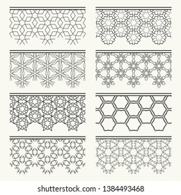 Set of black seamless borders, line patterns. Tribal ethnic arabic, indian decorative ornaments, fashion lace collection. Isolated design elements for headline, banners, wedding invitation cards